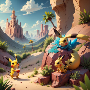 Pokemon Pikachu with Lizards and Drinks in the Desert, Pikachu Chasing Lizards, Illustration Pokemon, , Bread Type Pokemon, Anime Food, Cute Pokemon Style, Pikachu Concept Art, Pikachu, Cute Mouse Pokemon, Sonic, Pikachu as Human, Buns), Pokemon, ??? ???? Mika Pikazo --auto --s2
