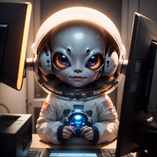 Cute Baby Chibi Anime?Realistic Aliens, Ultra Detailed Aliens, portrait of a humanoid alien, Aliens working on computers, Alien Art, Art Alien, Portrait of a gray alien, Alien Look, Gray aliens, Gray aliens, Gray aliens, Surreal sci-fi reality, (Evil alien astronaut:1.5), Scary person