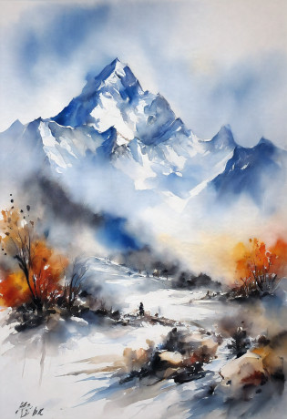 ink and watercolor painting?Winters?snow mountains?Mount Everest?First ascent of Mount Everest?crew?Mountaineering teams?the wind?yuki?