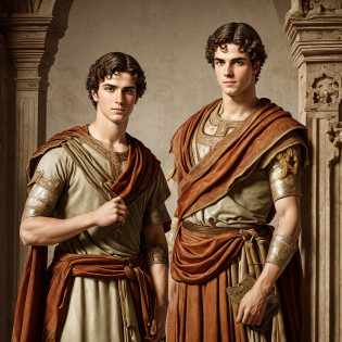 strikingly handsome young man with detailed period clothing and accessories of first century italy in the style of roman portraiture discovered at pompeii