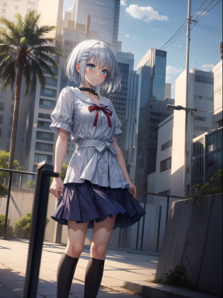 1girl, {Anime art from the 1980s:1.2},black_legwear, Blue_eyes, Blue_skye, Blur_censor, blurred, blurred background, blurry foreground, bokeh, Cloud, cloudy_skye, collar, cosplay_a  photo of a, Day, Depth�of�field, Dirt, east asian architecture, fence, film_Grain, Focused, hairstyle, Kemi, thights, Collection,looking into the lens, motion_Blur, name_jour, exteriors, palm tree, Park, a  photo of a_(Mid), Background for photography, Photo Installation, plant, Houseplant, rainbow, school costume, Shoes, Short hair, temple, Silver hair, skye, Squat, stadium, Street, City, a tree