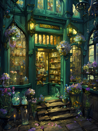 a close up of a store front with a bunch of flowers, in a potion shoppe, magic shop, flower shop scene, inside an old magical shop, fantasy victorian art, a wizard's apothecary, by Aleksander Gine, located in a wizard's shop, fantasy matte painting?cute, by Vladimir Borovikovsky, andrey gordeev