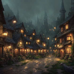 there is a small village with a pathway leading to it, fantasy town setting, medeival fantasy town, village in the woods, a small medieval village, medieval village, nightime village background, inspired by Andreas Rocha, fantasy atmospheric lighting, fantasy town, medieval fantasy game art, quaint village, fantasy tavern background, realistic fantasy render, stone wall