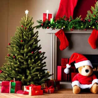 christmas tree, teddy bear with santa hat, fireplace