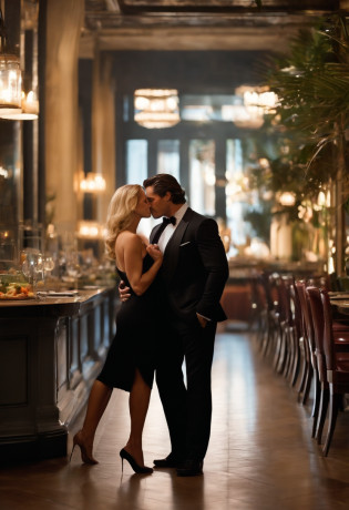 Bruce Wayne, a handsome man wearing a black suit, attractive without a beard, strong facial features, a woman with blond hair styled and seductive, wearing a black jacket and transparent pants, they kiss affectionately as Bruce grabs her buttocks in the restaurant.