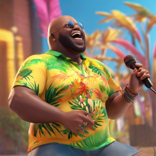 /imagine a fat, bald black man with no beard singing samba with a tropical Brazilian t-shirt and a microphone in his hand