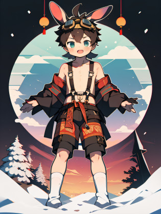 Two-dimensional cartoon boy Shota Shota, full body photo, goggles, cute, leg rings, white socks, rabbit ears, Chinese style clothing, harness, winter