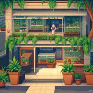 pixel art?Pixel art?Isotomeric diagram?
8bit pixel art?cafes?coffee?a plant?evening?In the street?houseplant