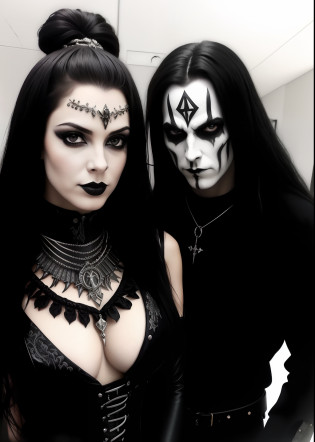 Homem e mulher vestidos de preto posando para uma foto, com pintura facial de metal preto, Black Metal, estilo Black Metal, pintura facial de metal preto, Black Metal Aesthetics, black metal rococo, corpse paint, Marduk, metal escuro, ouro e metal preto, com seus longos cabelos pretos, lo gothic!!, banda de Black Metal cyberpunk, com preto