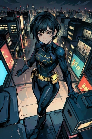 (masterpiece, best quality), 1girl, solo, cassandra cain, batgirl suit, black hair, brown eyes, smile, akihabara city, of the dead, night, <lora:CassandraCain-01:0. 75>, from above, STANDING rooftop, neon sign, game center,