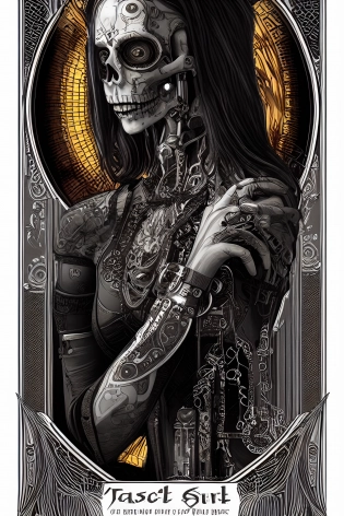 tarot card with intricate detailed frame around the outside | side profile of cyberpunk body with cyborg skull | cyberpunk | styled in Art Nouveau | insanely detailed | embellishments | high definition | concept art | digital art | vibrant