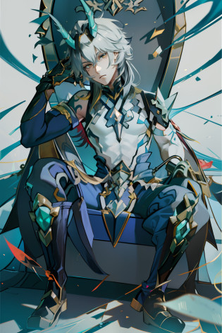 ?absurderes?A high resolution?Hyper-detailing?hdr??Dragon's horn?younge boy?tmasterpiece?best qualtiy?1?????Handsome?Golden eyes?Fine eyes and detailed face?toppless?Tattooed with?arma?seated on a throne?Indifferent and arrogant?Abs?chest muscle?Raised sexy?Ruffian?Show your temperament?Male?masculine appeal?Male characteristics are distinct?Long messy hair?Arrogant?self-assured?Sitting majestically on the throne?Pondering?Legs crossed?white pantie?supreme?Lazy?Handsome?