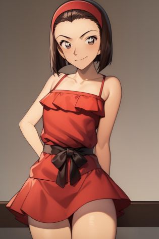 ((masterpiece)), (8k, high_resolution), (distinct_image),((1girl, solo)),  (best quality), (meitantei conan \(style\), detecive conan \(style\), meitantei conan), solo, beautiful eyes and detailed face, cowboy shot ,((1girl, solo)), medium breasts, (slim, slender), ((short hair, hair band, forehead)), ((skirt)),  smile, <lora:sonoko-22:1>,