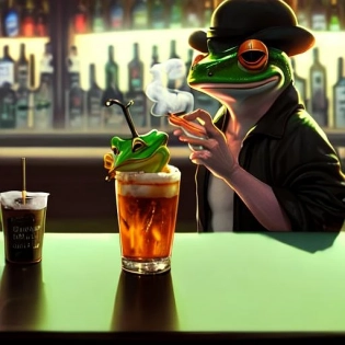 A frog is smoking in a bar, hyperrealistic, 8k, artstation