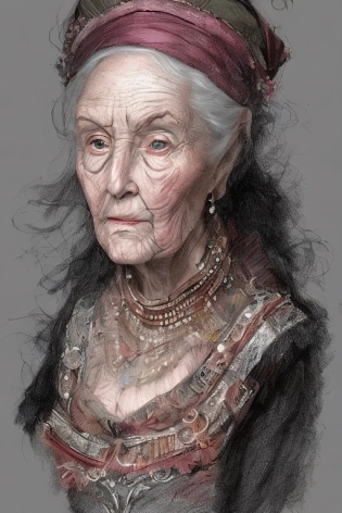 coloured face game character design sketch of an old noble lady