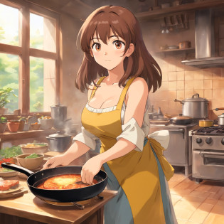 Flat anime style shading, anime woman, Anime-style characters, flat anime style,house wife?Have a frying pan, Brown hair, pinafore, Powerful Pose?kitchin, Powerful anime girl,illustratio?(((gigantic sweaty breasts)))