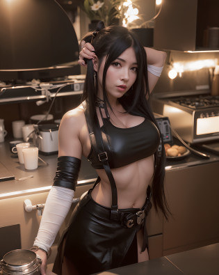 there is a woman in a white top and black skirt posing, tifa lockhart, tifa, tifa lockheart, seductive tifa lockhart portrait, glamorous tifa lockheart, portrait of tifa lockhart, tifa lockhart portrait, with black pigtails, tifa lockhart with white hair, cosplay, oppai cyberpunk, full-cosplay, sakimichan