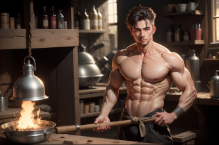Realistic, detailed, boy, adult, Naked torso, blacksmith, sweat all over his body, hammer in hand, forge, blacksmith furnaces in the background, detailed face, detailed hands, detailed legs, detailed fingers, detailed hair, detailed eyes, detailed skin, dynamic lighting, (photorealistic:1.4), 8k uhd, (hyper realistic), (photo realistic), (masterpiece), (best quality)