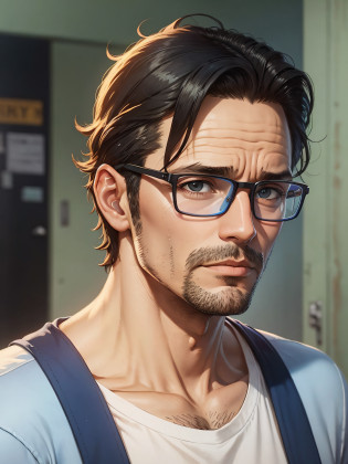 There is a man in glasses and blue shirt looking at the camera, front photo, 40 year old man, front to camera, front to camera, front face, front shot, (38 years), front view, about 35 years, gta san andreas style