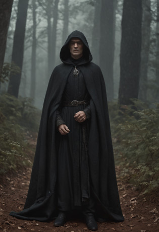 Homem com capa encapuzada no topo de uma montanha, vestido com um manto preto, wearing a flowing robe, vestindo um manto preto, Yuri Shwedoff e Tom Bagshaw, um manto preto, Capa preta, elegant cinematic fantasy art, dark cinematic concept art, Arte de fantasia 4k, Capa escura, Arte de fantasia 8k, Camuflada