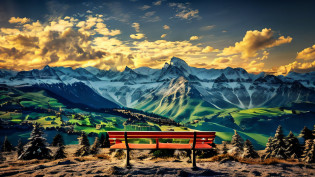 (Great view of the Alps),The Swiss valley stretches into the distance at the foot of the foot,Red parking bench on top of the hill,Surrounded by majestic peaks?Snowy in the distance?Beautiful at high resolution,Looking into the distance?A sense of beauty and tranquility?
