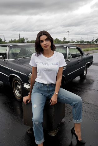 ((Best Quality, 8k, Masterpiece:1.3)), Focus: 1.2, Perfect Body Beauty: 1.4, Arabian 25 years old woman: 1.2, ((Short black curly Hair)), (White plain round neck regular fit basic tee-shirt:1.1), no print on Teeshirt, basic full body length regular fitting tee-shirt, Dark blue skinny jeans, long jeans: 1.1, short sleeves black regular tee-shirt, Highly detailed face and skin texture, Detailed eyes, Double eyelids, toned body, Whitened skin, serious mood, large toned breasts, toned firm legs, high heel's, whitened skin, detailed black eyes, detailed face, middle eastern woman, baggy medium size basic tee-shirt, simple plain Baggy Tee-shirt, toned firm hips, 8K UHD, black anklet, model looks, apocalypse city, rainy weather, dark clouds, silver wrist watch, bracelet, bangle's, open legs style Posing, old gas station, sitting on a old wooden chair, high heels, detailed beautiful feets, detailed feets fingers and shape, dusty sunny weather, old petrol pump, rainy atmosphere, wet roads, model shoot style, she's standing front of Chevrolet Impala, full car seen in image, cloudy sky