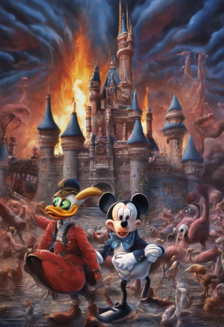 Mickey Mouse, nazi uniform, Donald Duck stabs Mickey mouse, donald wears islamic clothing, zombie flamingos in the background, disney castle burning and destroyed, Adolf Hitler, doing ballet, high detail, photorealism, hyperreal, very detailed background