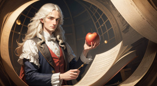 Na imagem fantasiosa de Isaac Newton, The renowned physicist and mathematician is portrayed in a magical and enigmatic setting that reflects his brilliant mind and revolutionary discoveries.

He is surrounded by an aura of bright light emanating from his eyes and hands, symbolizing his genius and intellectual enlightenment. His face is concentrated and his eyes convey an expression of curiosity and discovery.

Ao seu redor, symbols of physics, Math and astronomy float in the air, forming a complex and beautiful pattern that represents their fundamental theories and laws of motion and gravitation.

in her hands, He holds a golden apple, an allusion to the famous story that inspired his understanding of the force of gravity. Next to the apple, An unrolled scroll reveals mathematical formulas and scientific diagrams, highlighting his dedication to scientific rigor.

No fundo da imagem, A starry sky and a spiral galaxy show his fascination with astronomy and his contributions to the understanding of the universe.

Ademais, A telescope and an optical prism are portrayed as tools that unravel the mysteries of light and color, referring to Newton's investigations into optics.

Em uma parte da imagem, Newton is surrounded by a golden age of ancient books, symbolizing his love of reading and his tireless search for knowledge in various fields of knowledge.

Essa imagem fantasiosa de Isaac Newton personifica sua genialidade, his insatiable curiosity and his dedication to the search for truth and understanding of the natural world. He is portrayed as a visionary genius whose ideas and discoveries revolutionized science and had a lasting impact on humanity.