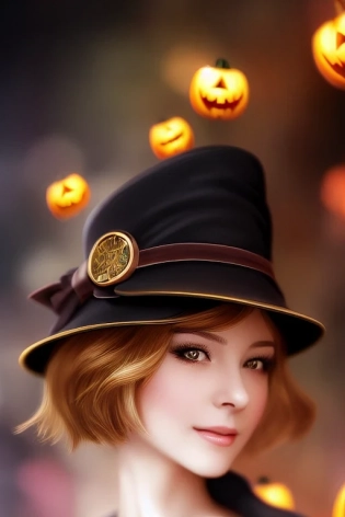 The personification of the Halloween holiday in the form of a cute girl with short hair and a villain's smile, cute girl, cute hats, cute cheeks, unreal engine, highly detailed, artgerm digital illustration, woo tooth, studio ghibli, deviantart, sharp focus, artstation, by Alexei Vinogradov bakery, sweets, emerald eyes