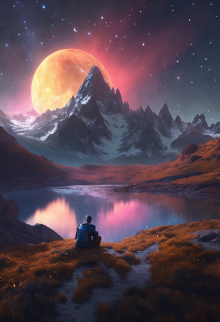 Starry Sky with Mountains and Lake, Jessica Rossier, Inspired by Jessica Rossier, Jessica Rossier Fantasy Art, Concept Art Magic Highlights, Official Artwork, Dream Painting, Ethereal Realm, Atmospheric artwork, dreamy matte paintings, serene endless stars inspired by Ted Nasmith, moonlit starry environments, epic music album covers.