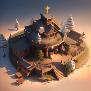 Church exterior?hyper realisitc?Modern creativity?There is a cross on it?There is a wide meadow in the doorway?The exterior of the church is written with the words 