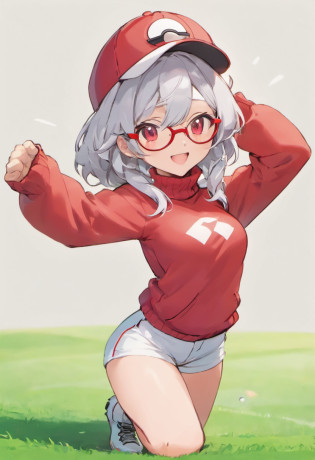Grinning face,Baseball Cap,Red Baseball Cap.Thrust your right hand forward,white short pants,The field is grassy,Turtleneck knitwear,Red glasses,Hi-Res, 1womanl,Pose with your right arm stretched forward, ??,Holding a Pok� Ball in Your Hands, grey  eyes, white  hair, Red glasses,Red Baseball Cap, Red knitted turtleneck with long sleeves, White shorts, a belt, stadio, deph of field, Bad face, Stick out the arm holding the pok� ball, put hands on the hip,