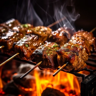 Delicious grilled meat on skewers is lying on a barbecue grill with hot coals and small tongues of flame. Photorealism, maximum detail, food photography, studio shooting.