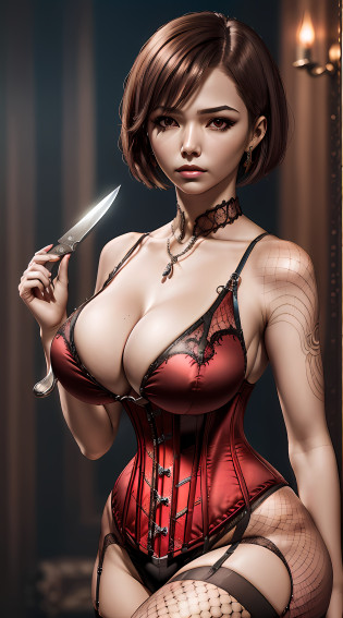 nagatiti, (medium breasts: 1.75), (breast tightness: 1.3), (bimbo 1.25 ), (normal breasts: 1.4), (Realism:1.4), (Realisitc:1.4), (Absurds:1.4), 8K, Ultra-detailed, beautiful detailed mature face,(Solo:1.4), gorgeous short (red honey) hair, (((pixie cut))), , natural skin texture, 24mm, 4k textures, soft cinematic light, adobe lightroom, photolab, hdr, intricate, elegant, highly detailed, sharp focus, ((((cinematic look)))), soothing tones, insane details, intricate details, hyperdetailed, low contrast, soft cinematic light, dim colors, exposure blend, hdr, faded, red and black (fishnet, corset,stockings), portraying the enigmatic character of a serial killer. She holds a knife defensively, her head slightly tilted.