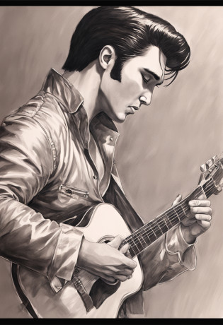 [Em uma folha de papel branco, a realistic portrait of Elvis Presley playing guitar is drawn with graphite pencils. He's in profile, Looking forward with a serious, concentrated expression. Ele usa um terno preto e uma gravata borboleta. He holds the guitar with both hands..., apoiando-o no peito. A guitarra tem detalhes em ouro e preto. The design is inspired by the style of Will Costa, a Brazilian illustrator who does hyper-realistic work with pencils.]