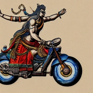 God shiva, full body, sitting on a motorcycle, driving fast speed downhill, with machine gun, intricate art work. Cinematic, hyper realism, high detail, 8k