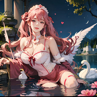 Women in Their 20s?fantasy worlds?offcial art, unity 8k wall paper, ultra-detailliert, beautifly?Aesthetic, ?masterpiece, top-quality, Photorealsitic?A hyper-realistic?Beautuful Women?detailed costume?depth of fields, Fantastic atmosphere, Calm palette, tranquil mood, Soft shading?Soft skin?Huge breasts?very large breast?plump figure?cleavage of the breast?Mischievous smile?a female angel?Cupid the Woman?Dark pink outfit?short flared skirt?Light pink hair?Twin-tailed?Red ribbons?the presence of swan feathers on the back,,,,,,,:1.6?Bow and arrow with heart symbol:2.0?Red heart-shaped arrowhead:2.0?Floating in the sky?Marble Temple?lake in the middle of a forest?Red bow and arrow?White headdress?bow and arrow?the presence of wings on the back?Stone ruins?Castles?Heart symbols are lined up?Floating heart symbol?Flock of swans