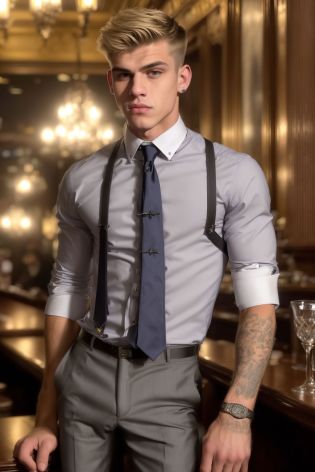 <lora:RNR-Marcus:0.7> RNR-Marcus, full-body photo of a 18yo boy,wearing office shirt and dress,short blond hair,goth emo,in a victorian bar, perfect gray iris,powerful,lips parted,looking at camera,extremely detailed,intricate,film grain,HDR, 4k,hyper realistic,cinematic lighting,photography
