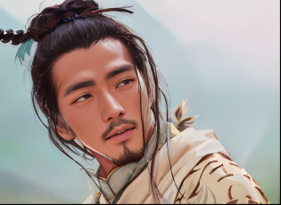 Alphad man with long hair and knots, inspired by Wu Daozi, inspired by Zhu Derun, zhao yun, in style of pan ren wei, handsome chad chin, tian zi, longque chen, inspired by Li Gonglin, pan ren wei, inspired by Zhao Zuo, feng shu, inspired by Gu An