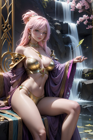 Saijourn Saiya Saiya, Saij, a cyberpunk style, lying on jewels, (Gold Sky Armor: 2), (Gold Texture: 1.5) (Leg: 2) on stomach, leg lift, reclining (open air) (hips) Panties for the audience to show (off-the-shoulder underwear) (with a super large gem pendant on the chest: 2), crazy details (with water flowing through the body: 1.5) Full body, stockings, (kicks: 2), noble details, full grass, full length, full frame, epic pose, (Gorgeous jewelry) yellow hair (necklace earrings) pendant, (set + big gemstones), large diamonds, gold, ruby), waterfall, next to the bath, unrealistic engine style, detailing, ultra-realistic, boca effect, shot in the style of David La Chapelle, Bioluminescent palette: lilac, pale pink, bright white, wide angle, ultra-fine, cinematic still life, vibrant, WLOP and Sakimichan, Artgerm style, underboob, perfect eyes, Highest image quality 16K, inspired by Harry Winston, shot on the Canon EOS R 6, a masterpiece --s2