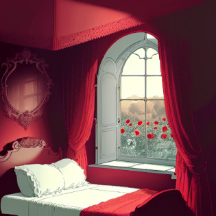 A ray of morning sunlight falls through French windows on a single red rose (Rosa, flower, Rosa gallica Eveque, by Redoute) lying on an (unmade:1.5) fourposter bed in a medieval castle room, crumpled sheets, (full colour line art:1.5), by Rebecca Guay, by Abigail Larson, masterpiece, extremely high details