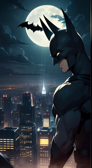 This wallpaper captures the essence of Batman's home in the dark night, set against the backdrop of a yellow, bright, and shiny moon in the sky. The scene showcases the iconic Bat-Signal illuminating the Gotham City skyline, emphasizing Batman's eternal vigilance.

The wallpaper features a panoramic view of Gotham City, with towering skyscrapers casting long shadows across the streets. The cityscape is bathed in a deep blue hue, creating an atmosphere of mystery and suspense. The moon, positioned prominently in the upper part of the wallpaper, shines brightly, casting a warm yellow glow over the entire scene.

In the foreground, Batman's home, Wayne Manor, stands as an imposing silhouette against the night sky. The manor's Gothic architecture adds an air of grandeur and darkness to the composition. The mansion's windows emit a soft glow, hinting at the presence of Batman's secret lair, the Batcave.

To enhance the dramatic effect, rain clouds gather over the city, reflecting the moon's radiant light. Raindrops fall gently, adding texture and movement to the wallpaper. The Bat-Signal, projected high into the night sky, cuts through the darkness, symbolizing Batman's commitment to protecting Gotham City from evil forces.batman:1.4 

Overall, this wallpaper captures the dichotomy between light and darkness, highlighting the eternal struggle between good and evil. It serves as a reminder of Batman's unwavering dedication to justice, even in the darkest of nights.
