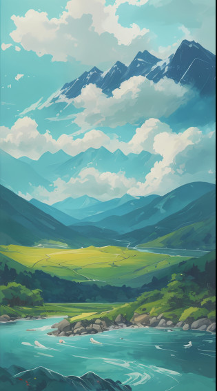 Green mountains and bamboo, peaks and mountains, rolling mountains. At the foot of the mountain, the blue water flows slowly, with slight ripples, and a quaint bridge in the distance spans the stream. Between the mountains, three egrets dance gracefully, as if showing a beautiful picture between the mountains and waters. Clouds looming in the distance, suspended quietly in the sky, add a bit of poetry to this landscape painting. The whole painting is bright in color and smooth in brushstroke, as if you are in this landscape, feeling the mystery and infinite power of nature.