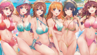 Multiple Girls?Southland, Summer sandy beach, Group Selfies?Everyone opens their legs?All naked?small tits?Nothing to wear?Detailed pubic area?hairlessness?fullnude?in group photograph?Pink?Relaxed atmosphere?Fluffy smile