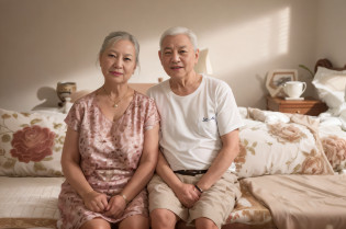 They sat together on the bed in the bedroom, Ruan Jia and Fenghua Zhong, a long-shot, couple on bed, jia ruan, home photography portrait, two old people, portraite of a, cute couple, Happy couple, 70 years old, 7 0 years old, couple, portrait of two people, xiang duan --auto
