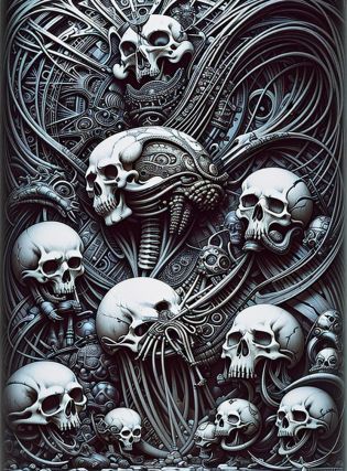 a masterpiece, <lora:Biomechanicals_v2_lora1500:0.8>, hnsrdlf style, mickey mouse is the focus of the image, sitting and looking at the camera, mouse skulls and bird skulls are around him, highly detailed, (hrgiger-drmacabre:0.8) black and white, dark, scary, mouse skulls, bird skulls, art nouveau style, amarna style, <lora:mucha:0.4>