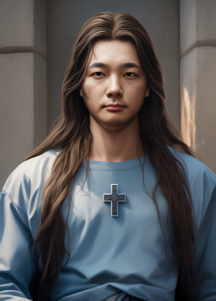 long whitr hair?Arafad man with a cross on his chest, Portrait of Jesus Christ, dressed like jesus christ, Cyberpunk Jesus Christ, jesus face, Jesus of Nazareth, Jesus Christ, ?Mass effect?in Jesus Christ, wearing cross on robe, highly realistic digital art, Jesus, digital painted, picture of a male cleric, Fan art, leonid