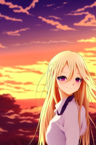 anime art, anime key visual of elegant young female, long blonde hair and large eyes, finely detailed perfect face, at sunset, golden hour sunset lighting, background blur bokeh! ! , trending on pixiv fanbox, studio ghibli, extremely high quality artwork