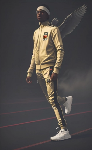 F/2. 8, Kodak Portra, Textured, Glossy, Fog , vapor , water, RTX, big white wings behind his back, tracksuit, without a helmet in the midst of neon, a man, advertising