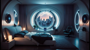 arafed bedroom with a circular window and a bed with a white headboard, futuristic room background, cozy 9 0 s bedroom retrofuturism, cyberpunk teenager bedroom, retro futuristic apartment, cyberpunk bedroom at night, cyberpunk apartment, cyberpunk childrens bedroom, futuristic decor, futuristic room, the cyberpunk apartment, symmetrical neon rim light, in a cyberpunk themed room, futuristic ambiance --auto --s2